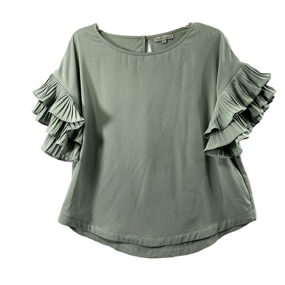 Wishlist Apparel Top Women Small Green Pleated Flutter Sleeve‎ Blouse Oversized - Picture 1 of 10